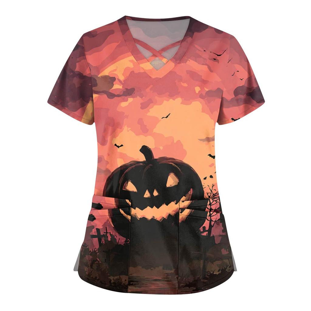 Dámská móda Křížový V výstřih Krátký rukáv Kombinézy Dvojité kapsy Halloweenské Potištěné Topy Uniformy