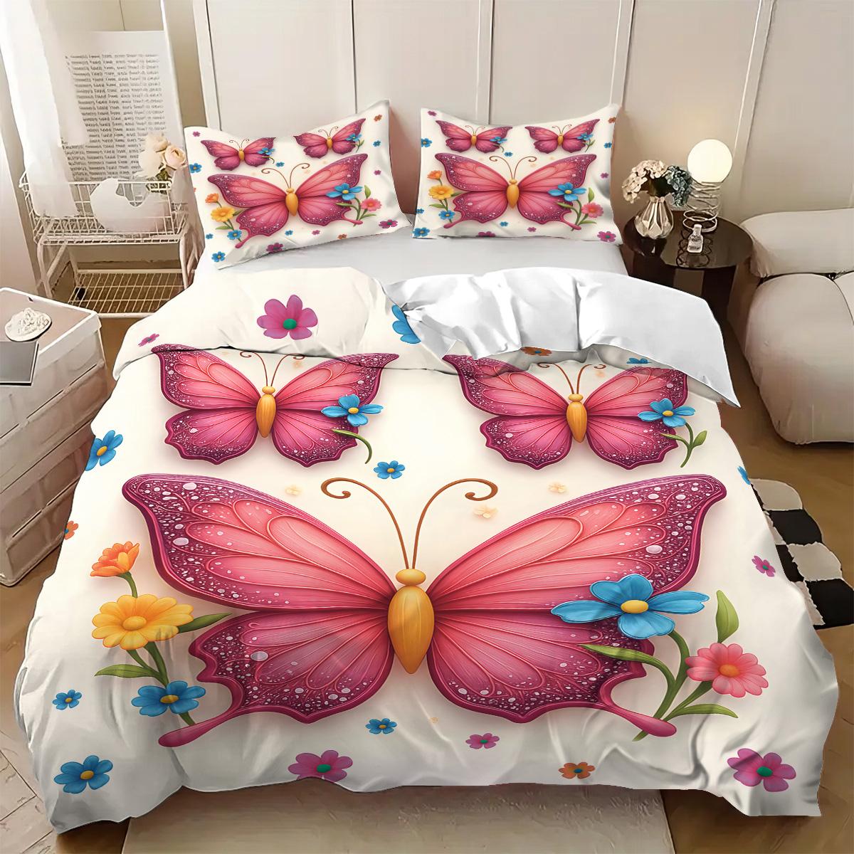 

3pcs Fresh Style Bedding Set Butterfly Wing Printed Cozy Soft Duvet Cover King Queen Twin Size Birthday Gift Adult Bedroom Decor EU Single 135x200cm
