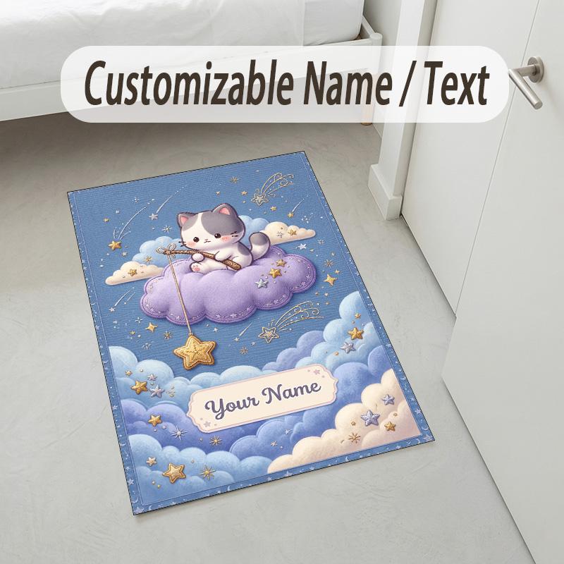Cat Art Theme Soft Crystal Velvet Rug Custom Name & Text Print Non Slip Floor Rug for Bedroom Living Room