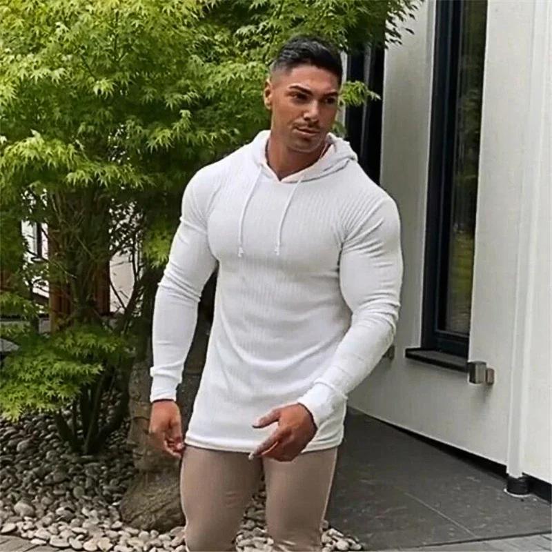 Muscleguys Spring Autumn Mens Running Hooded T-shirts Thin Knitted Sports Sweaters Classic Pit Strip Slim Fit Gym Fitness Pullover T Shirts