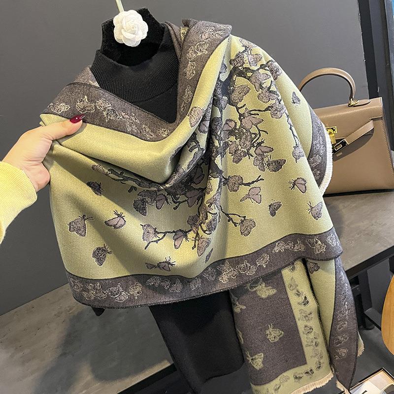 Autumn and Winter New Korean Style All Match Imitation Cashmere Scarf for Women with Butterfly Flying Print Thickened Warm Shawl and Scarf