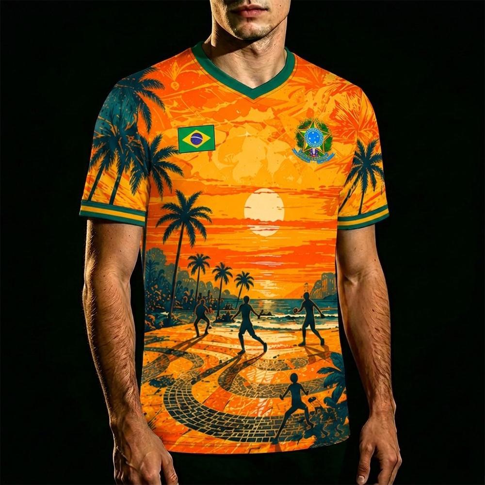 2026 Nouveau Maillot de Football Imprimé Drapeau du Brésil Été Hommes Sports d'Extérieur Séchage Rapide Respirant Col Rond Haut Unisexe T-shirt Enfant