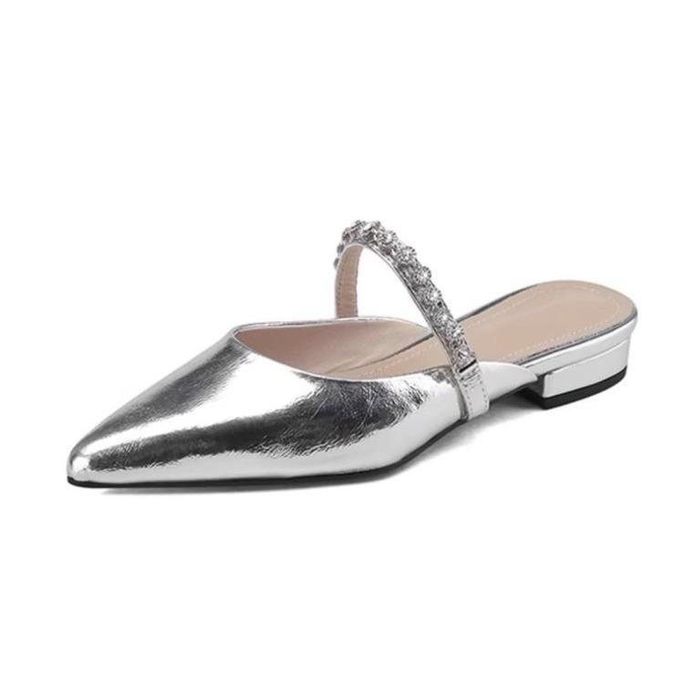 Silver rhinestone chain pointed flat shoes 2025 spring and summer lady flash diamond low heel bag head single slippers