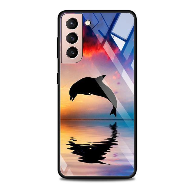 Blue Sea Animal Cute Dolphin Glass Case For Samsung Galaxy S21 S20 Ultra S10 Plus Lite S20fe 5g S10e S9 S8 Bumper Cover Funda