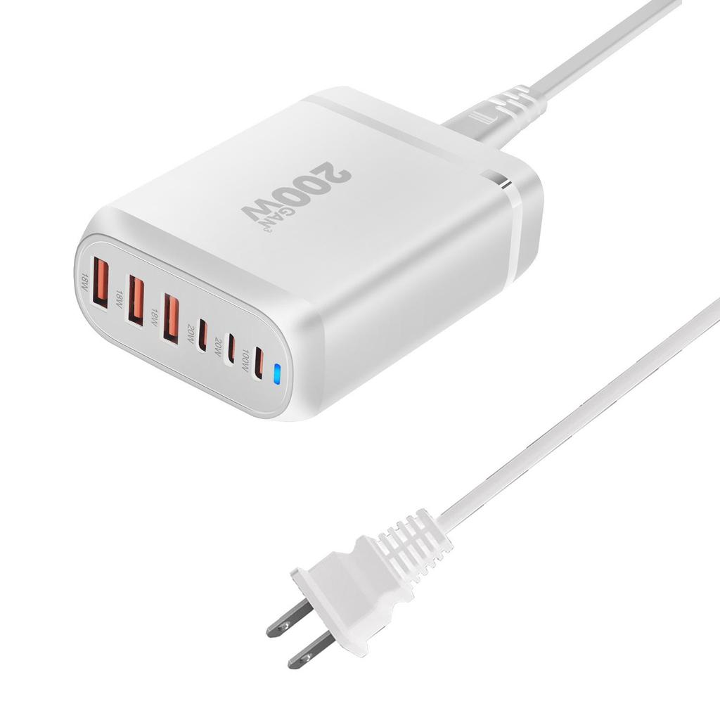 200W GaN 6-Port Charger with 3 USB-A & 3 USB-C PD Ports - Multi-Port Desktop Charger