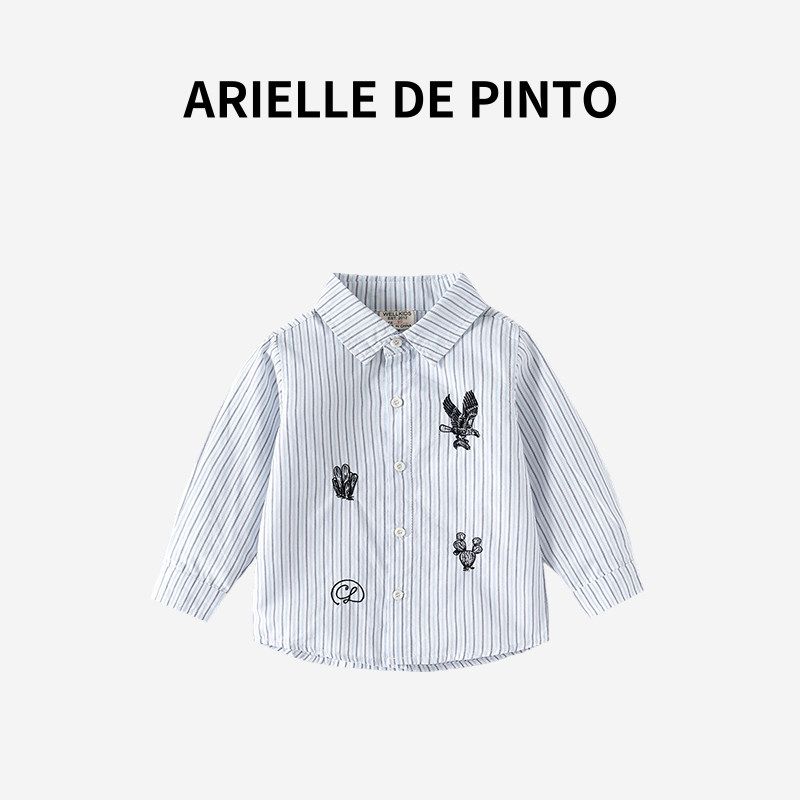 French Arielle De Pinto Boys  Long-Sleeve Shirt, Spring Style, Korean Version, Striped Embroidery, Baby Korean Style Embroidery Stripes 90