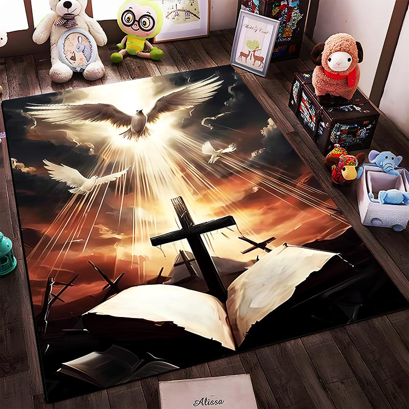 Celestial Doves and Cross Art Rug Non-slip Rug Suitable for Living Room and Bedroom Sofas.