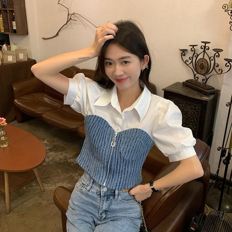 

WTEMPO Брендовая модная лоскутная женская рубашка с объемными рукавами, дизайнерские нишевые тонкие и тонкие топы с короткими рукавами во французском стиле ретро L белый