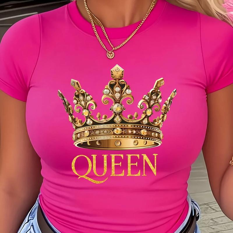 Queen Crown Graphic Print T-Shirt - Women's Casual Round Neck Short Sleeve Fashion Top, Comfortable Fit for Spring and Summer
