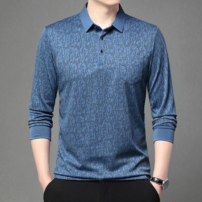 Mens Long Sleeve Jacquard Polo Shirt Business Casual Spring Autumn Top