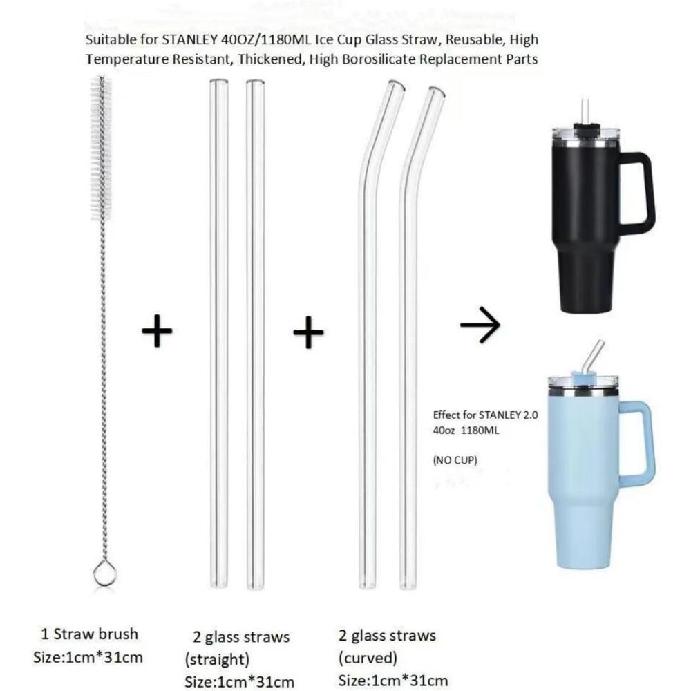 4 Pack Set of Straws for Milkshake, Smoothie, Pearl Milk Tea, Clear Glass Straws, Stanley Cup Accessories with Cleaning Brush