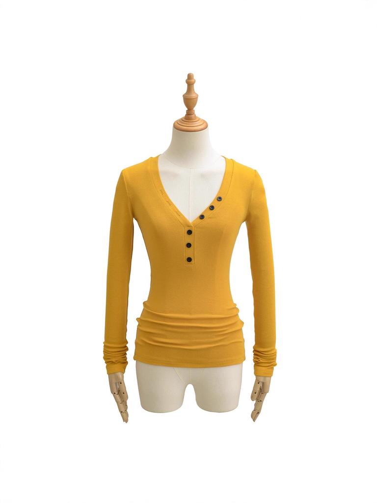 Spicy Lazy Girl V-neck Button Long Sleeve Women's Autumn/Winter Base Layer Elastic Fit T-shirt