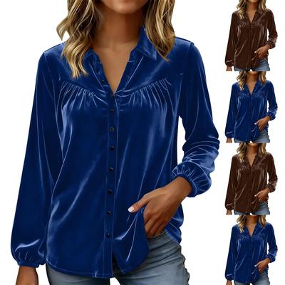 Cămașă de catifea casual largă cu decolteu în V pentru femei