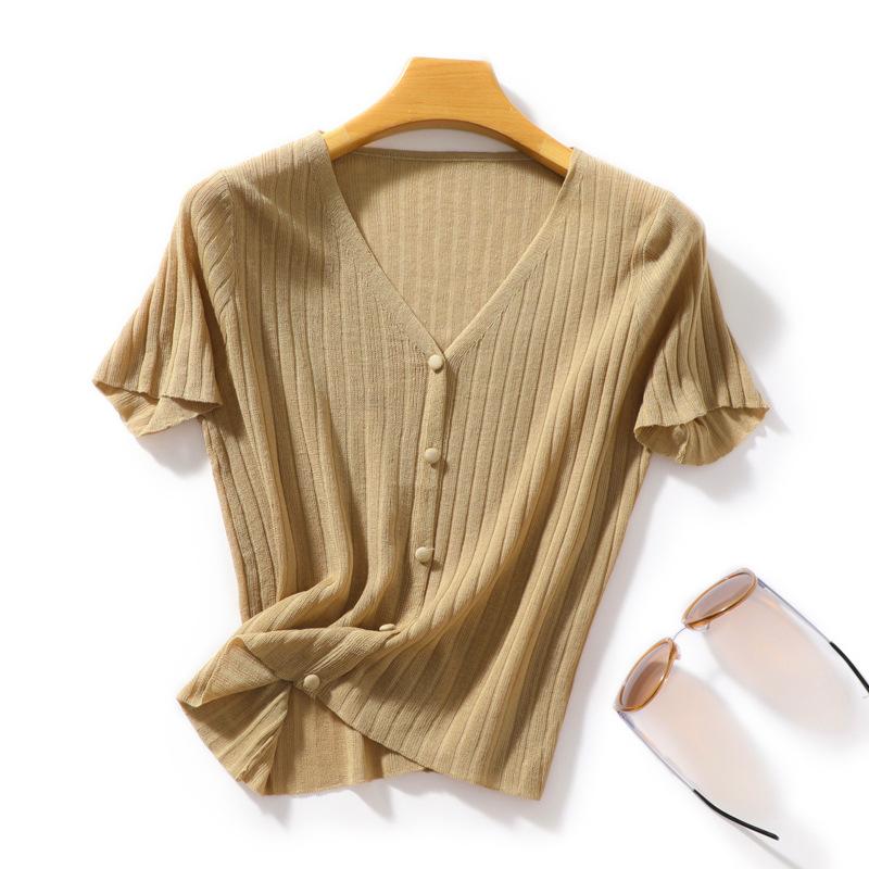 Summer Thin Ice Silk Linen Short-sleeved T-shirt for Women V-neck Relaxed Fit Knitted Cardigan Korean Style Stylishable Versatile Top