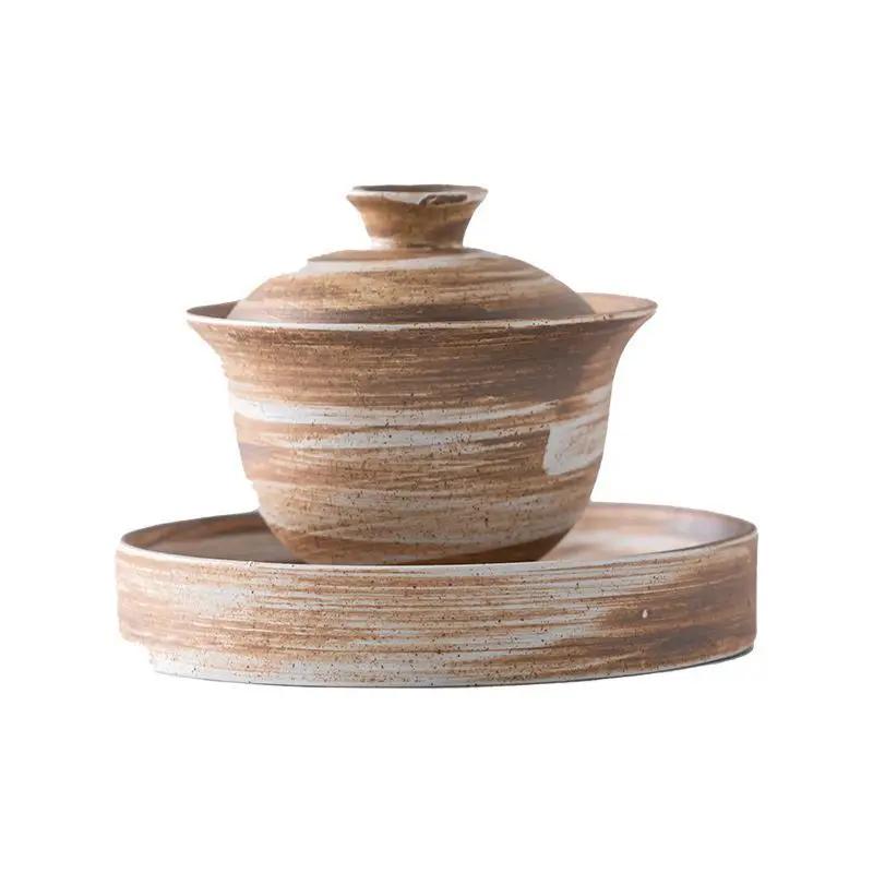 Ceramic Gaiwan Creative Kung Fu Tea Set Tea Bowl Zen Coarse Pottery Hand Brushed Glaze Tea Cup Chinese Gaiwan Tea Tureen