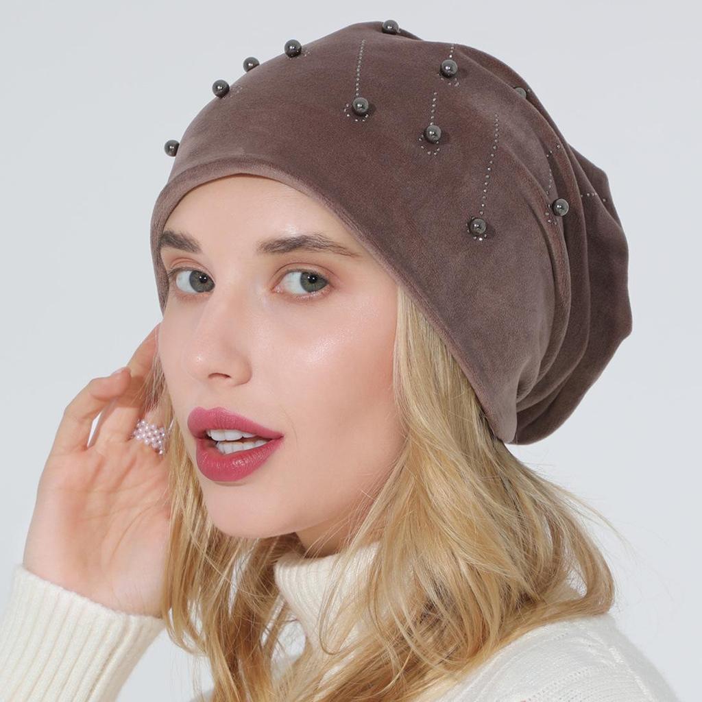 Pull à perles percées à chaud pour femme, polyvalent, Double couche en daim, chapeau de lune chaud, automne et hiver