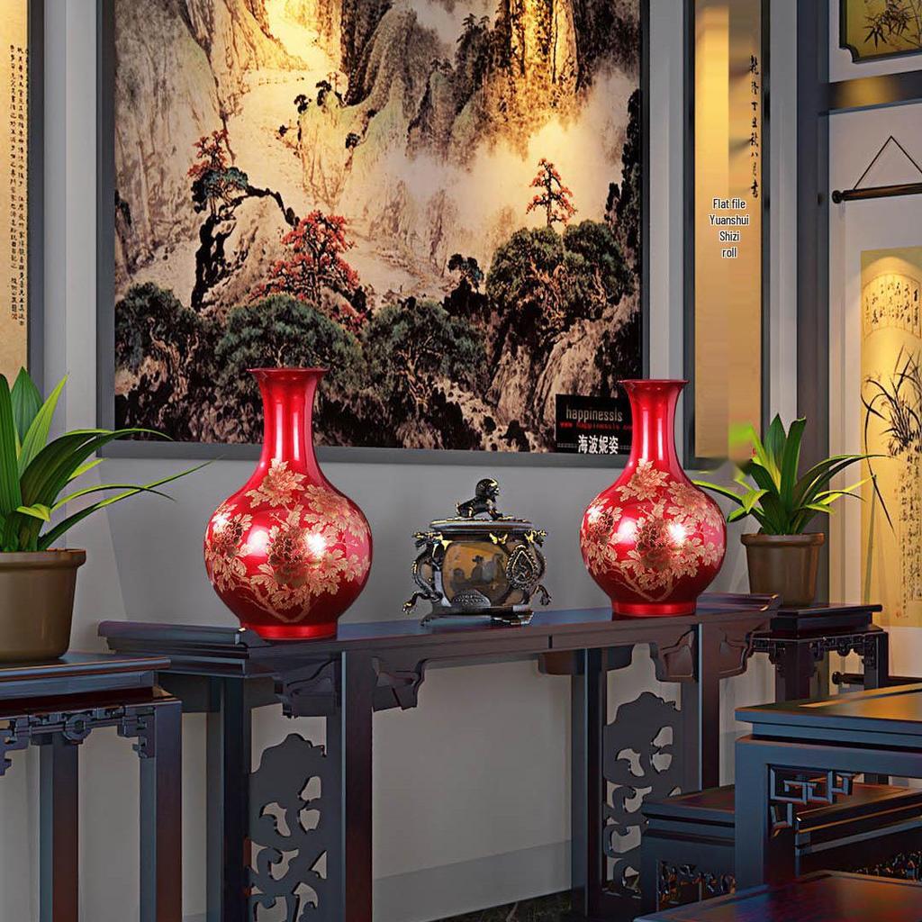 Porcelain Jingdezhen Red Ceramic Vases: Chinese Style Floral Ornaments for Home Decor