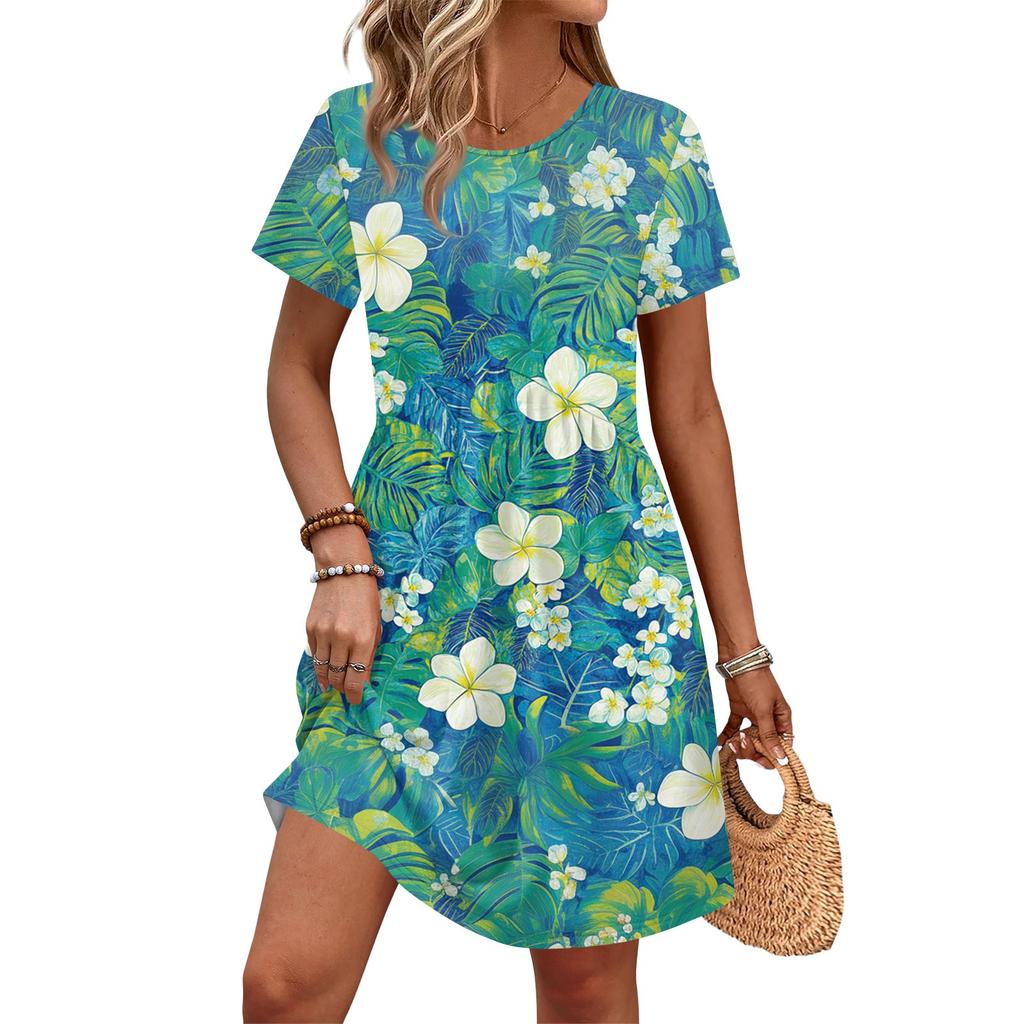 Dresses For Women Short Sleeve Print Round Neck Casual Dresses Waist Dress With Pockets