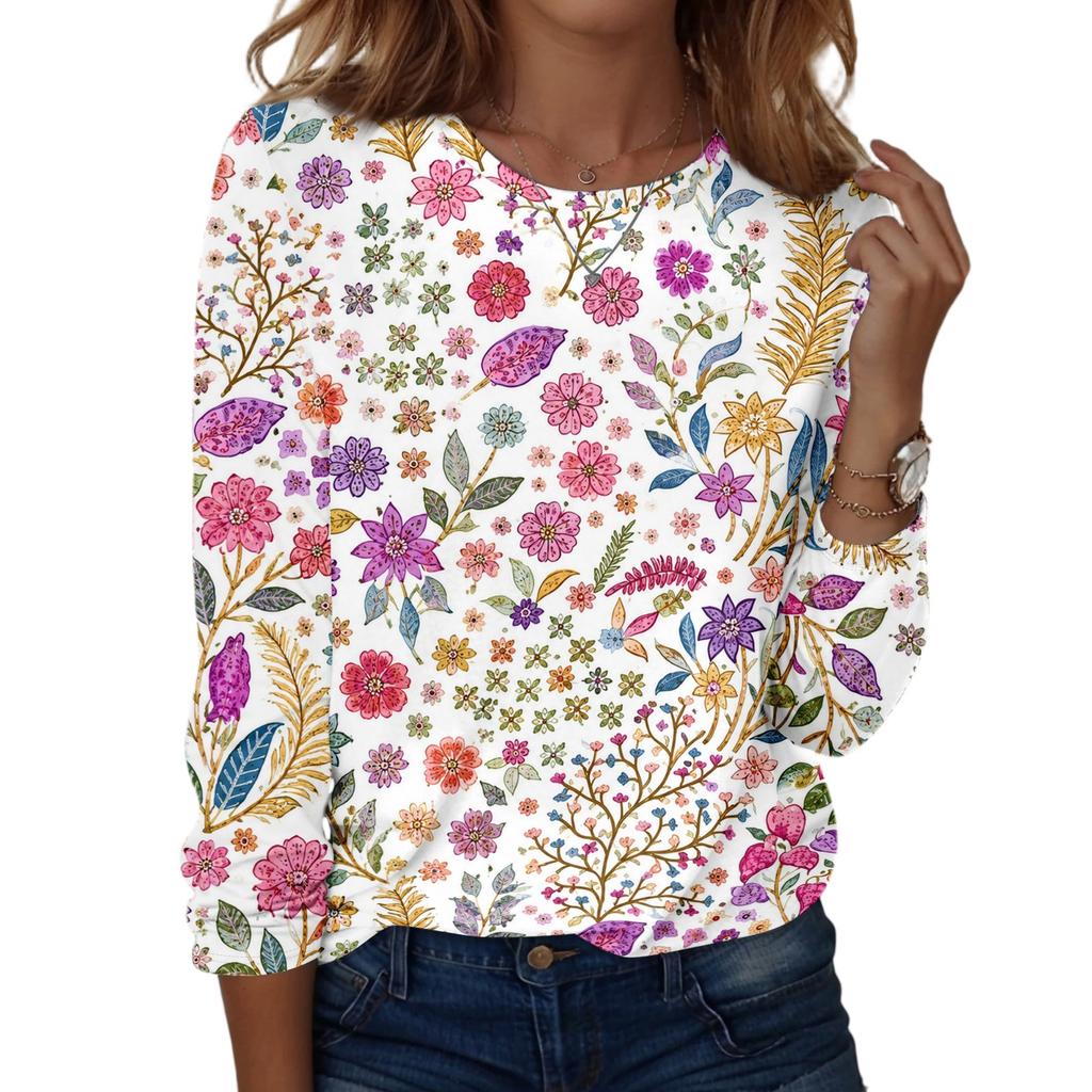 Women's Casual Long Sleeve Floral Print Round Neck Top for Everyday Wear