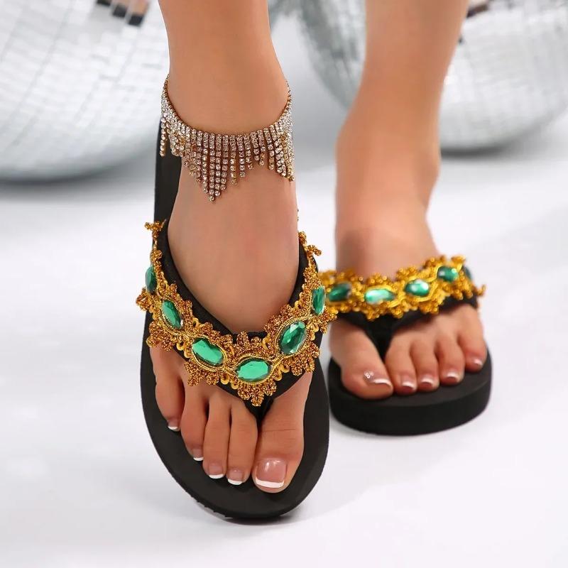 Big Rhinestone Wedge Heels Flip Flops Women Summer Beach 2025 Gold Lace Mix Color Crystal Clip Toe Sandals Woman Soft Slippers