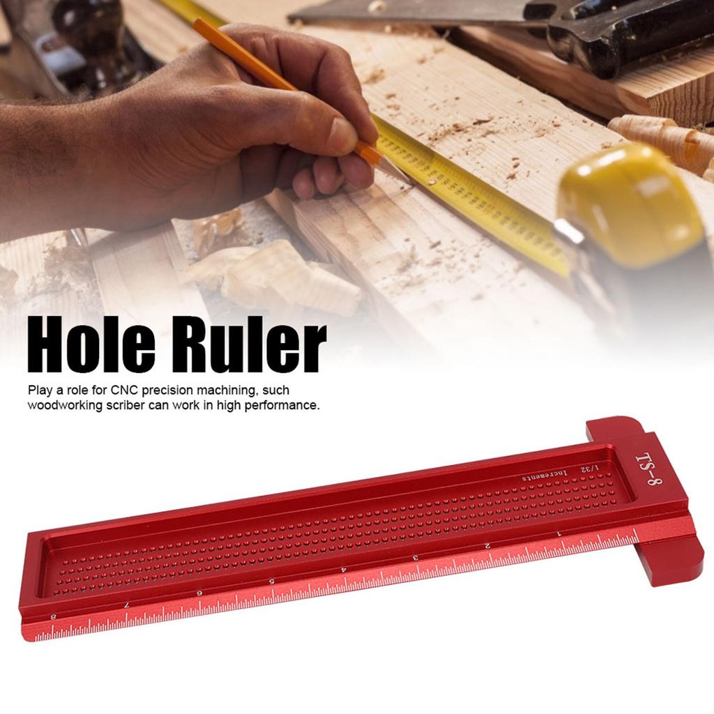 TS-8 Woodworking Hole Ruler Aluminum T shaped Measuring Tool   Scriber for Hardware(Red )