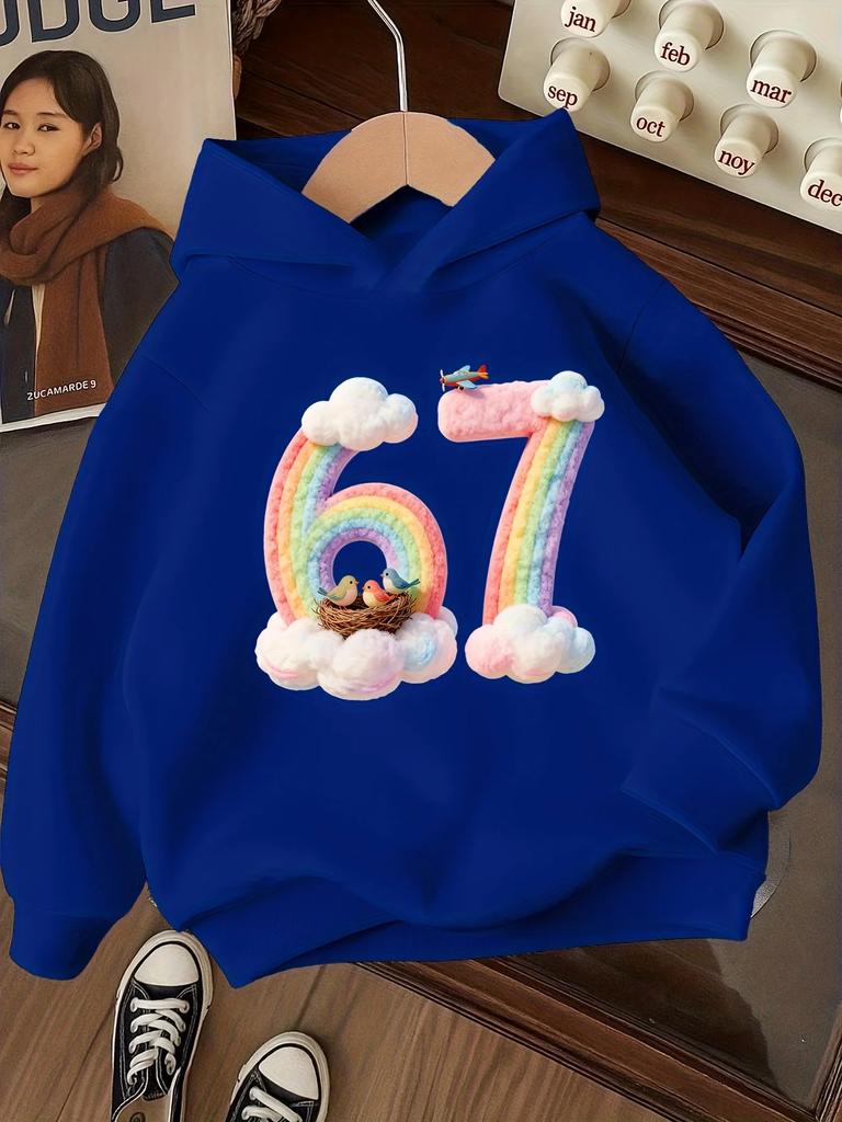 Kinder Süß Regenbogen Zahl 67 Aufdruck Hoodie Wolke Vogelnest Grafik Pullover Herbst Winter Fleece Warm Lässig Kapuzenpullover