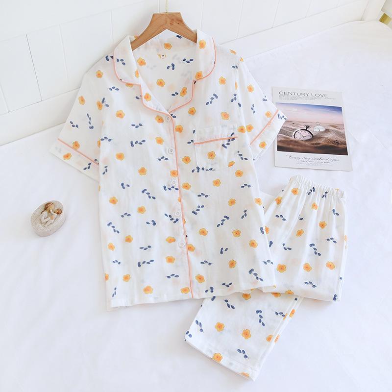 New Spring and Summer Pajamas Two-piece 100% Cotton Gauze Women's Short-sleeved Trousers Home Service Suit Cute and Thin