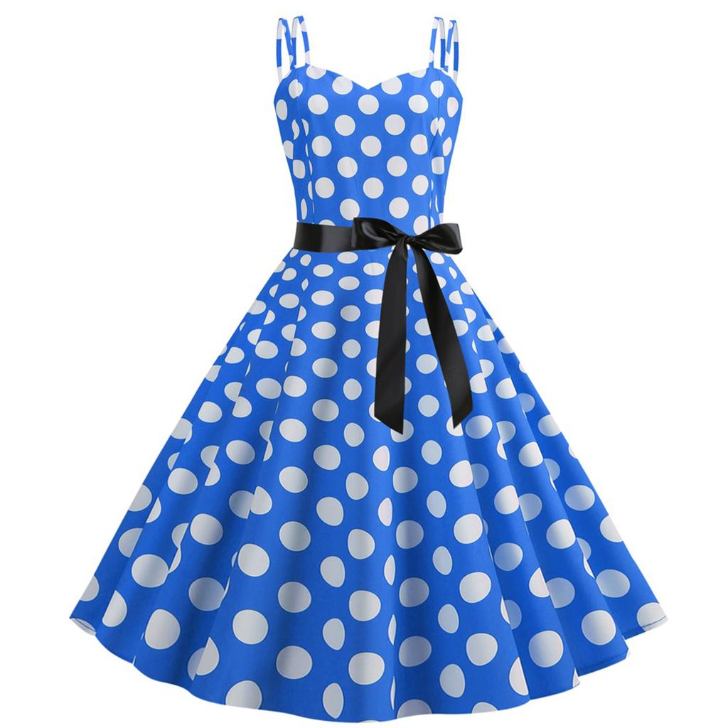 Women's Retro Dress With Double Suspenders And Polka Dot Printed Large Skirt