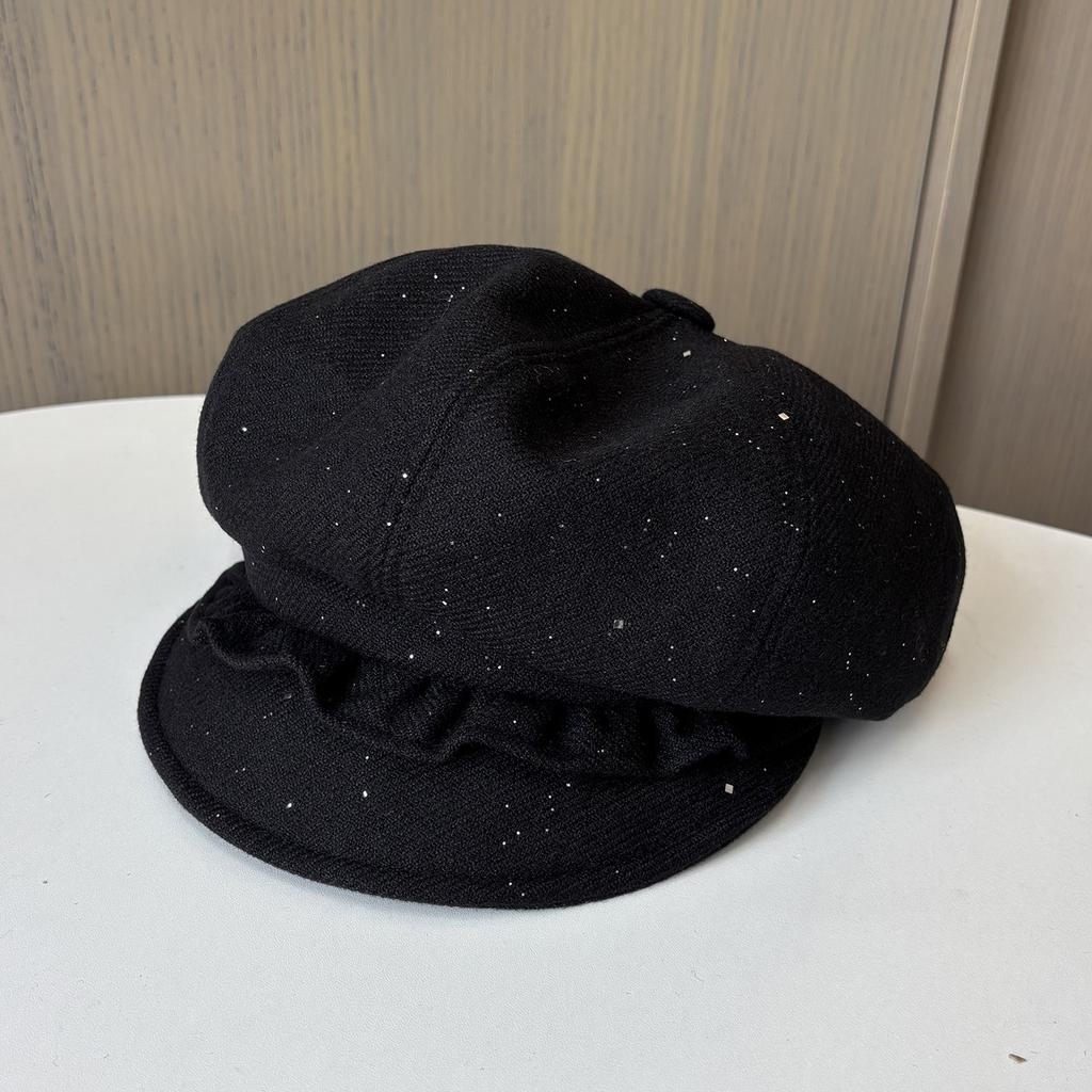 Sweet lace pleated sequined woolen octagonal hat female winter retro age reducing painter hat showing face small bud hat