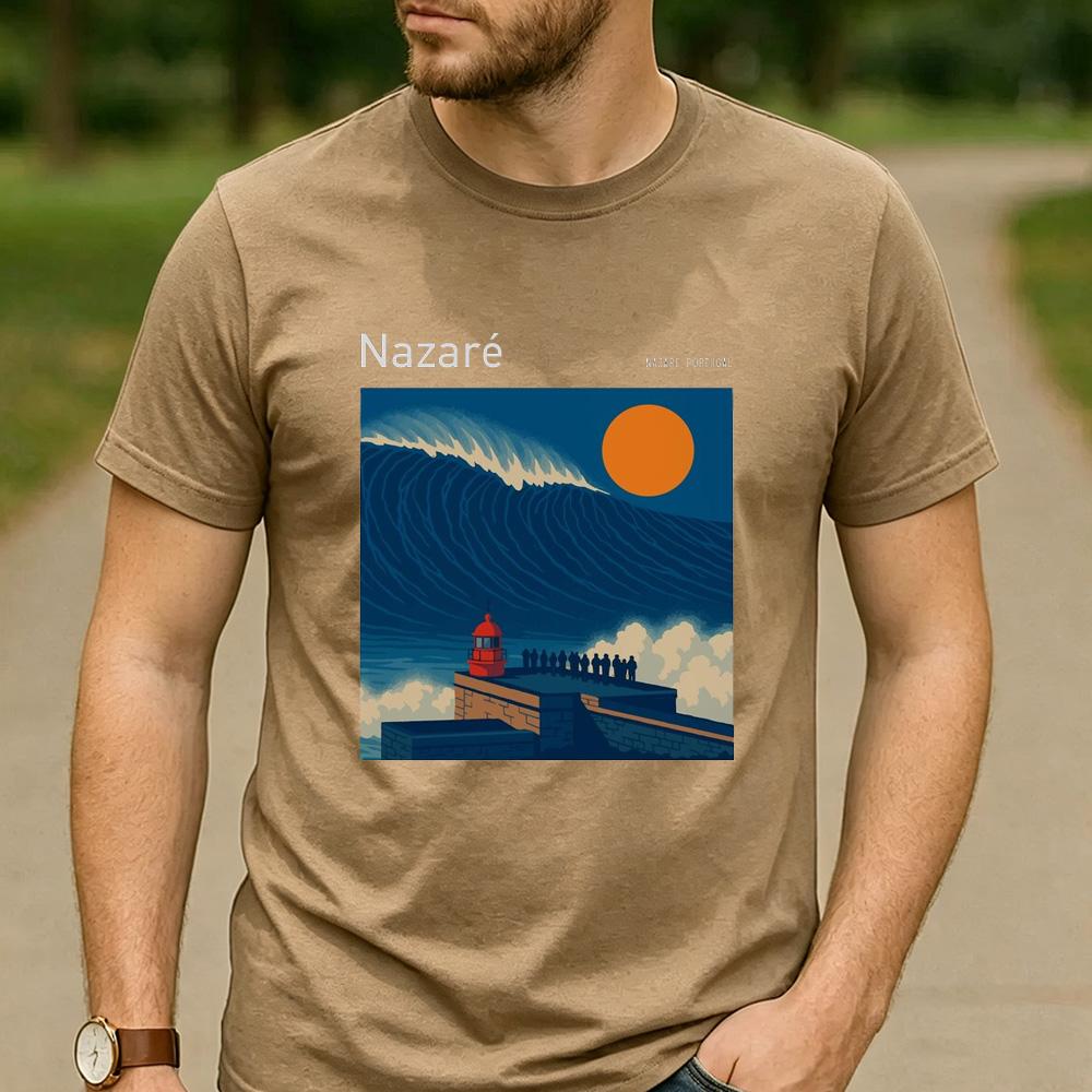 European Surf Travel Graphic T Shirt Nazar Portugal Giant Wave Lighthouse Print Unisex Cotton Crew Neck Holiday Tops