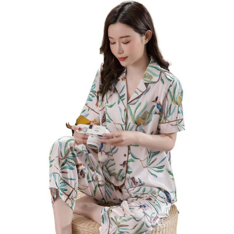 Satin pajamas women's summer short-sleeved trousers two-piece set French printed loungewear light luxury ice silk high-end set