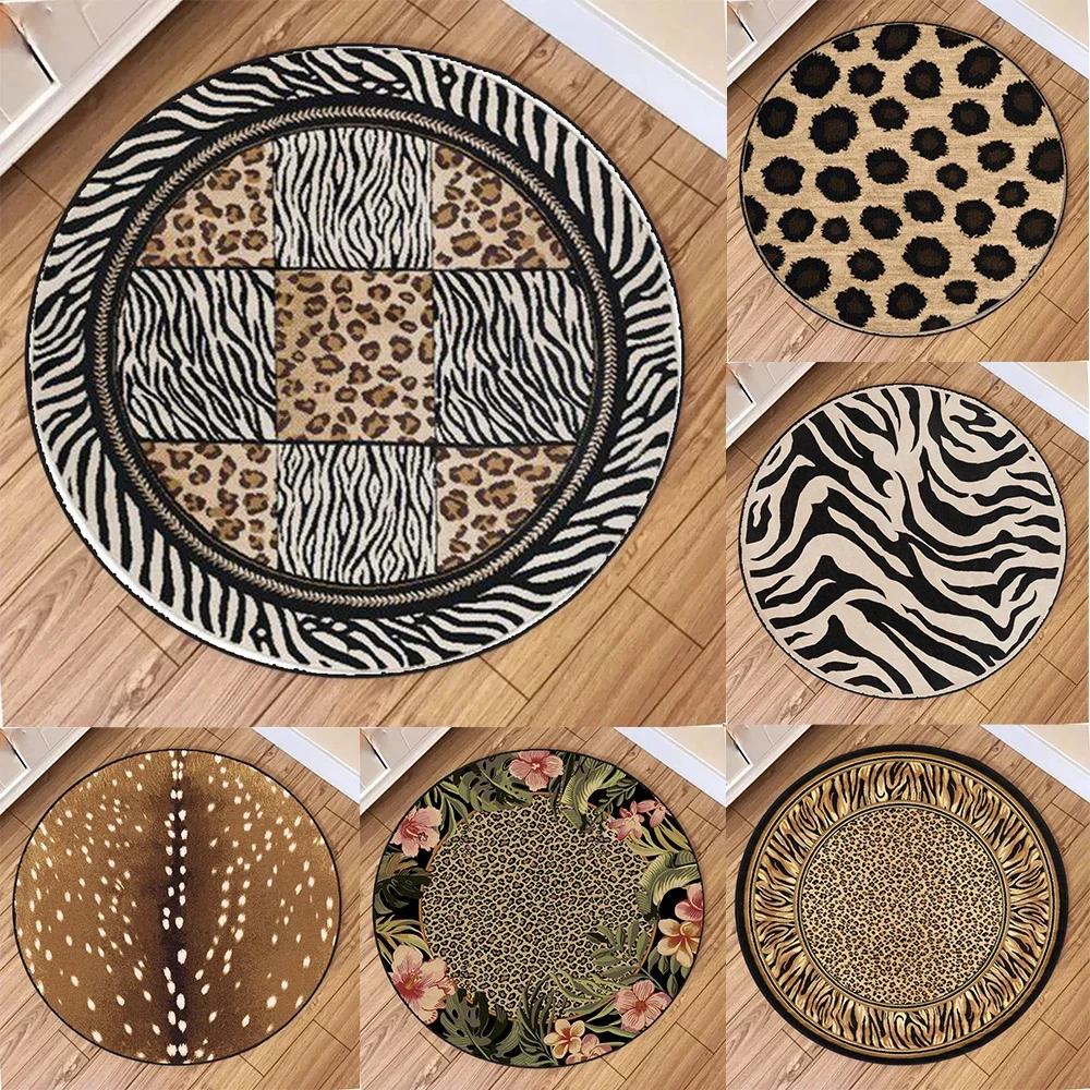 ~O~Print Round Rug – Leopard, Zebra & Tropical Floral Mix, Soft Non-Slip Mat for Living Room