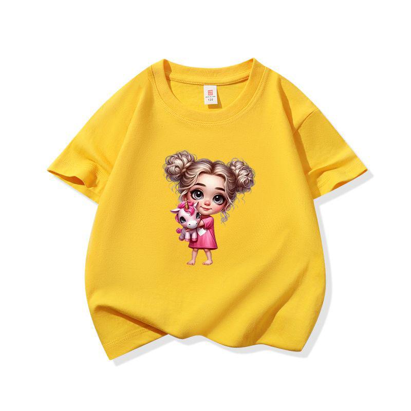 Kids Cotton T Shirt Adorable Girl With Pink Unicorn Print Crew Neck Short Sleeve Tee Casual Boys Girls Summer Tops
