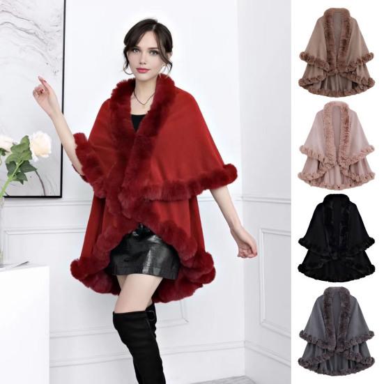 Women Cape Shawl with Fur Collar Soft Warm Wrap Double Layer Knit Cardigan Acrylic Warm Poncho for Fall Winter