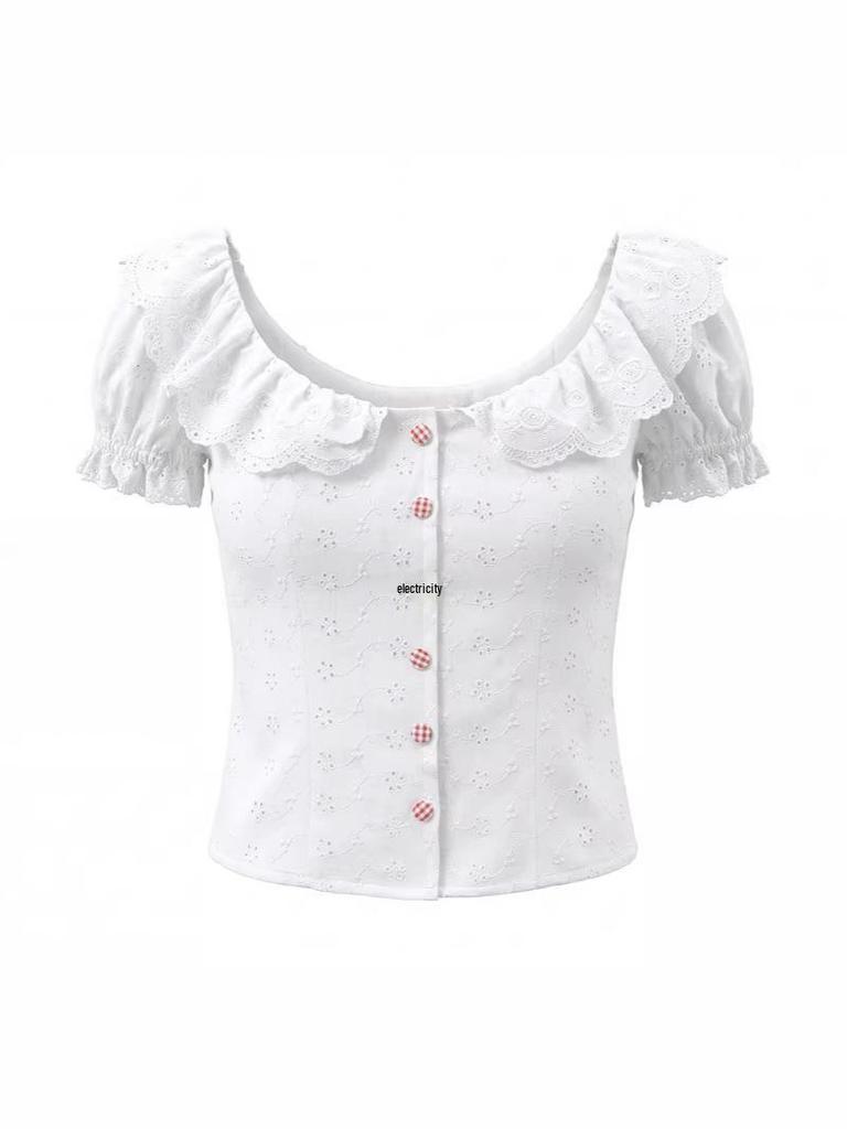 Chemise Blanche à Manches Bouffantes et Col en Dentelle - Haut Rétro pour Femme à Boutonnage Simple, Brodé et Cintré à la Taille