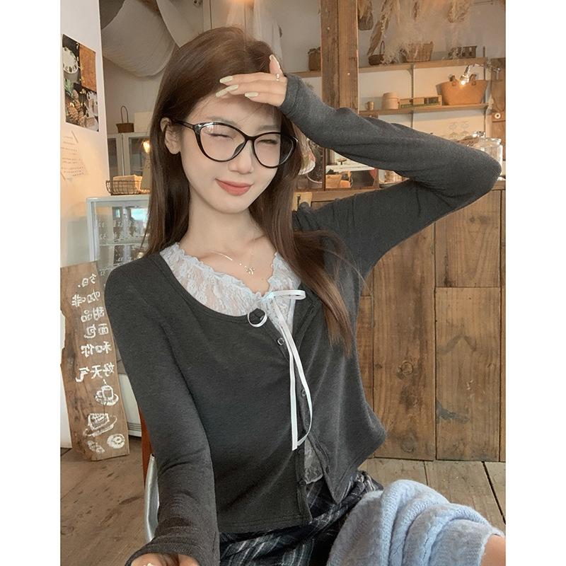 Fake two pieces of pure lace splicing low-neck polished thickened long-sleeved bottoming shirt women's autumn and winter inner slim-fitting small top