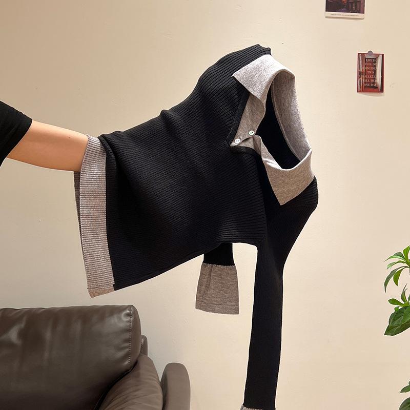 

Contrast color fake two-piece knitted bottoming shirt women s autumn and winter lapel slim-fit sweater long-sleeved inner top One size чёрный