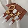 Ingemark 6Pcs/Set Boho Imitation Pearls Metal Ring Women Trendy Punk Irregular Geometry Hollow Wide Knuckle Ring Set New Jewelry