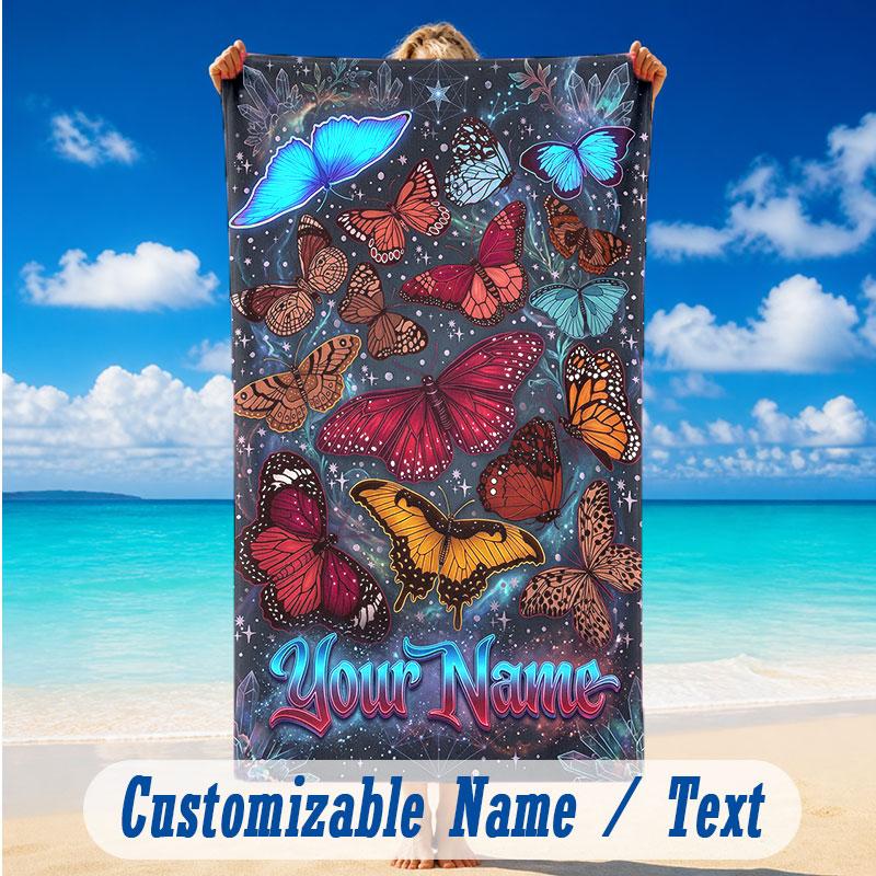 Butterfly Theme Beach Towel Personalized Custom Name & Text Soft Quick Dry Beach Towel for Swimming Travel