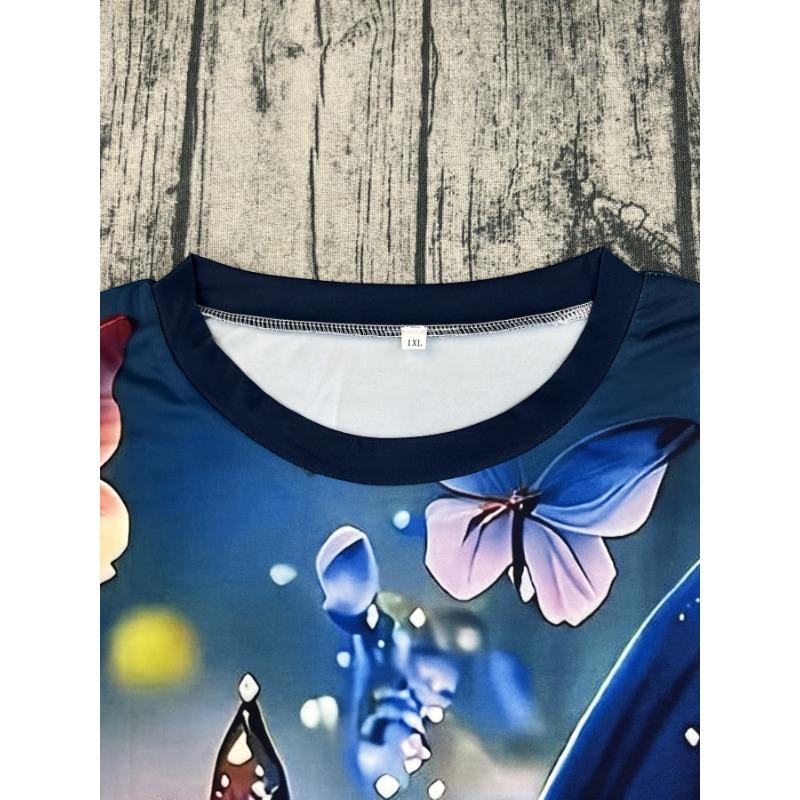Blue Fantasy Women's Tee - Glowing Butterfly Graphic, Vibrant Iridescent Print Design for Casual Daily Wear