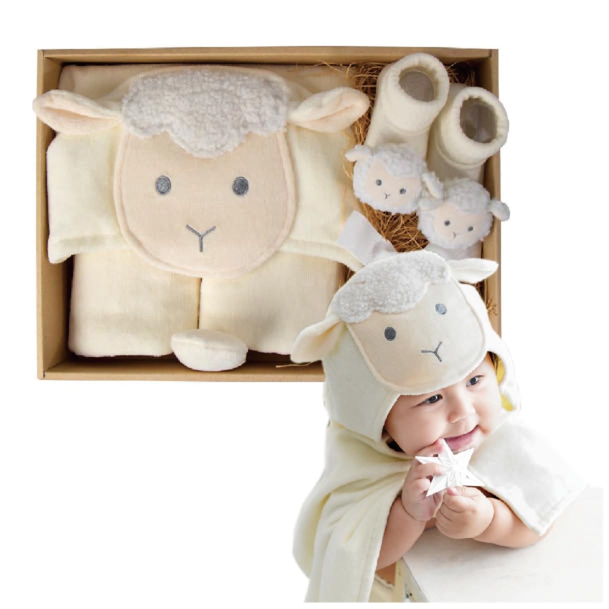 

DEIGO Baby Bath Towel and Rattle Socks Set Lamb Perfect for Baby Shower and Girls (Pure Ivory) - Gifts, Boys,