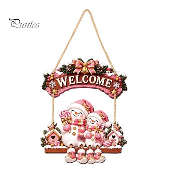 Cute Cartoon Christmas Ornament Wooden Welcome Sign, Front Door Hanging Rustic Holiday Vintage Style Sign Wall Decor with Elk/Santa Claus/Snowman/Elf