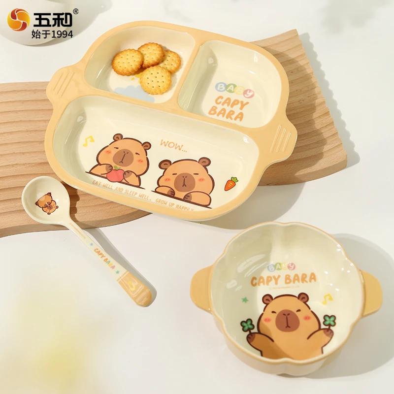 For Capybara Kawaii Tableware Cartoon Children's Dinner Plate Spoons Water Cup Anti-Fall Heat-Proof Dinnerware Food Grade Plate