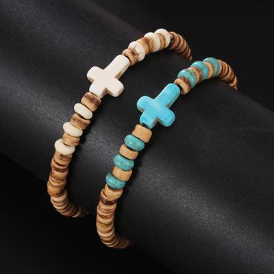 Retro Cross Men Bead Bracelets Handmade Turquoise Coconut Shell Braid Beaded Bracelets Desinger Accessories Unisex Gift