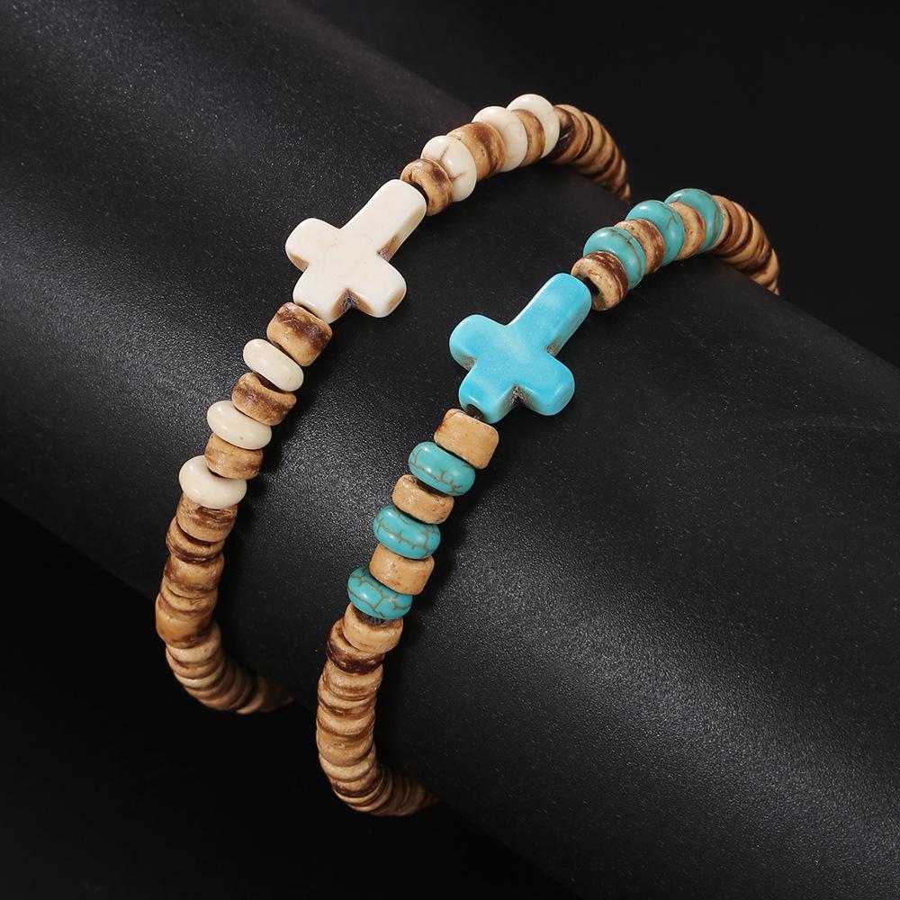 Retro Cross Men Bead Bracelets Handmade Turquoise Coconut Shell Braid Beaded Bracelets Desinger Accessories Unisex Gift