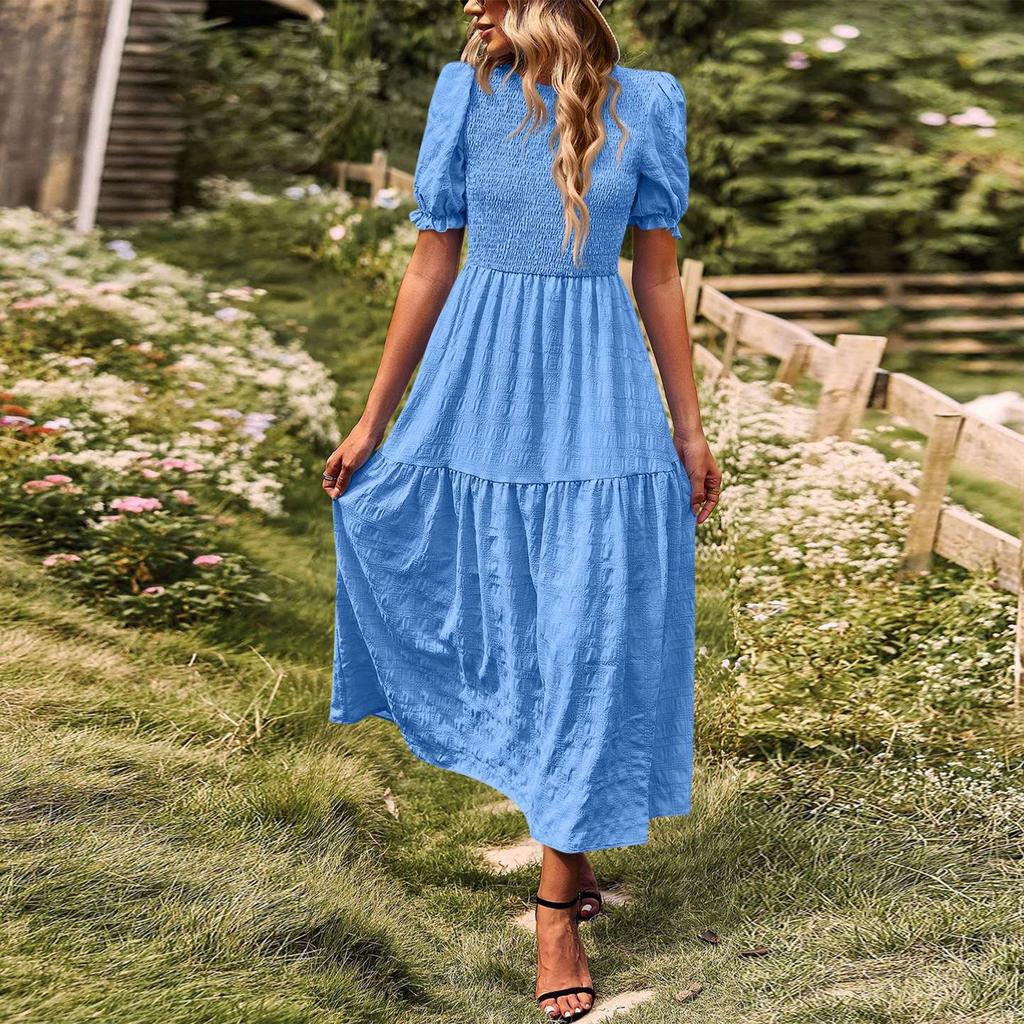 Dámské módní letní ležérní šaty s krátkým rukávem a kulatým výstřihem na dovolenou