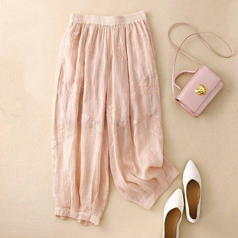 Damen Sommer Retro Bestickte Baumwoll-Leinen Haremshose: Leicht, Atmungsaktiv, Elastischer Bund, Schlaghose