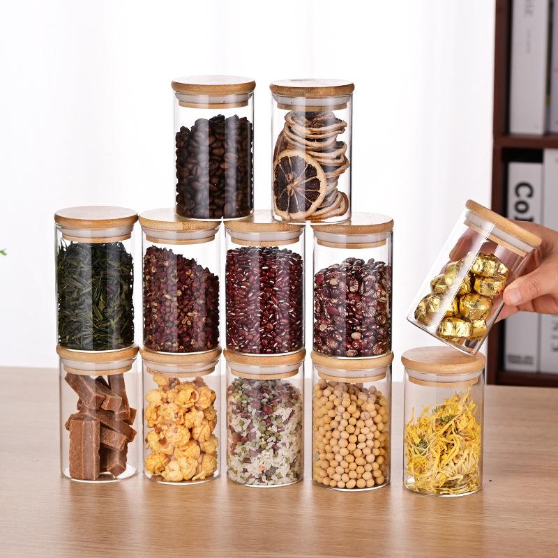 Glass Jar with Bamboo Lid 280ml Glass Food Storage Container, Suitable for Kitchen Spice Jars, Coffee Jars, Dried Fruit Jar