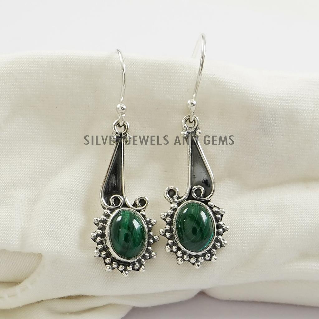 Oval Malachite Earrings: Handmade 925 Sterling Silver Gemstone Dangle