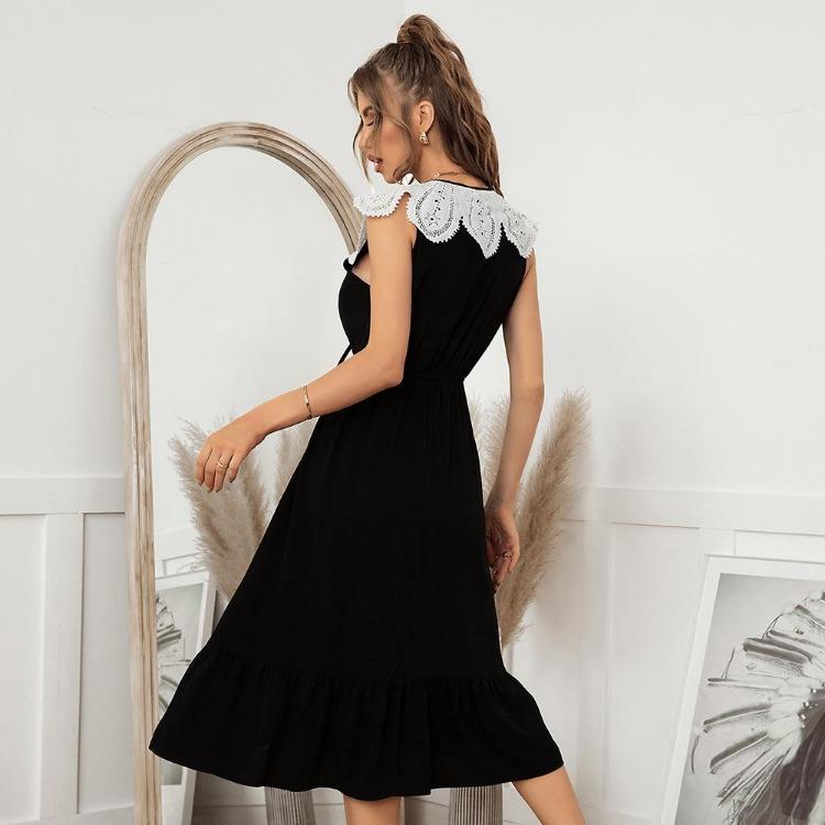 Women Casual Long Dress Spring Summer Solid A-line V-Neck Short Sleeve High Waist Ruffles Slim Lace Patchwork Sizes S-XL